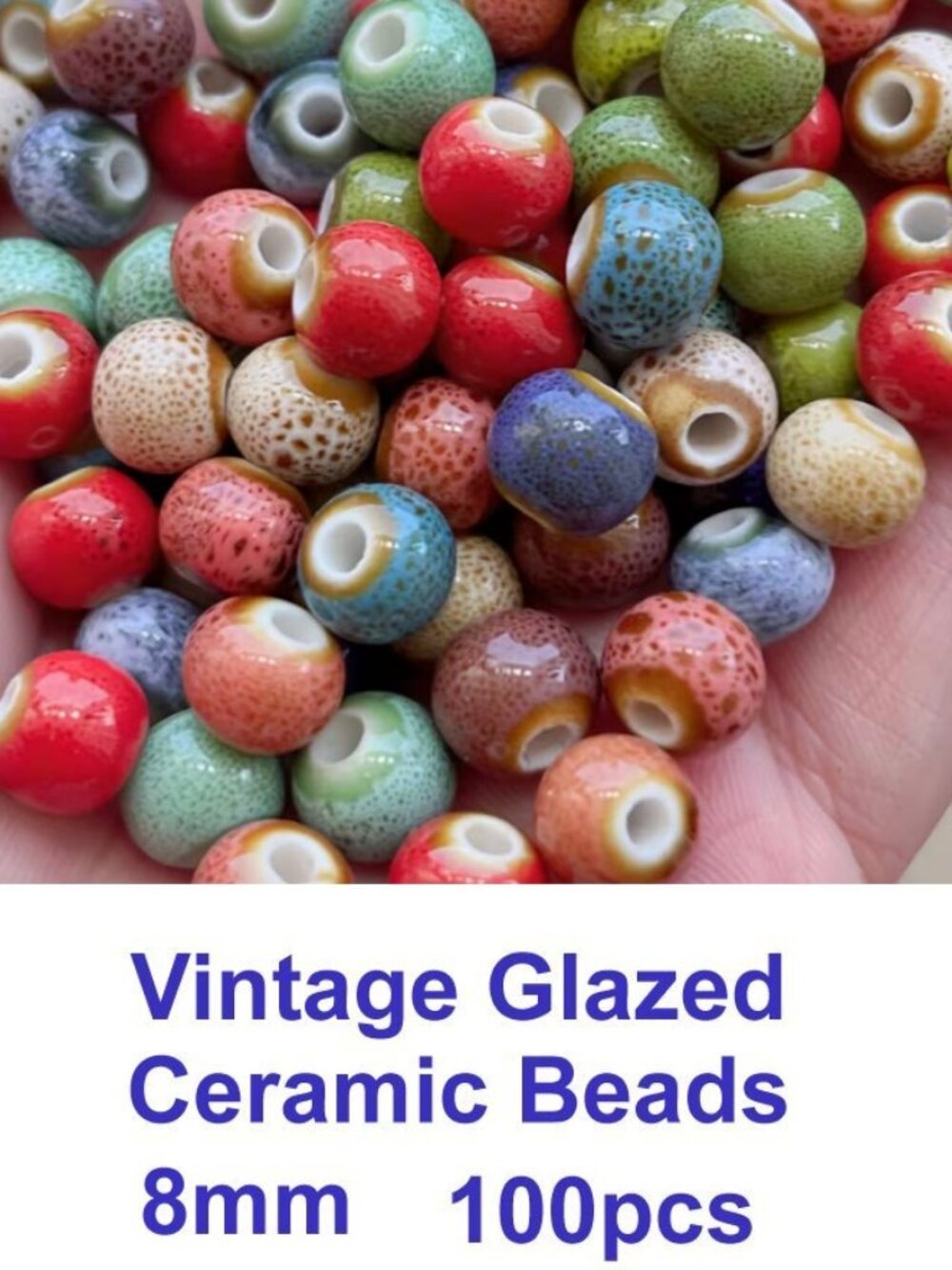 Vintage Glazed  Ceramic Beads   100pcs  8mm